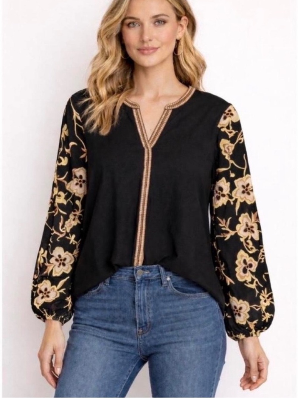 Calypso St. Barth‎ Women Cotton Flax Top Black Floral Embroidered V-Neck